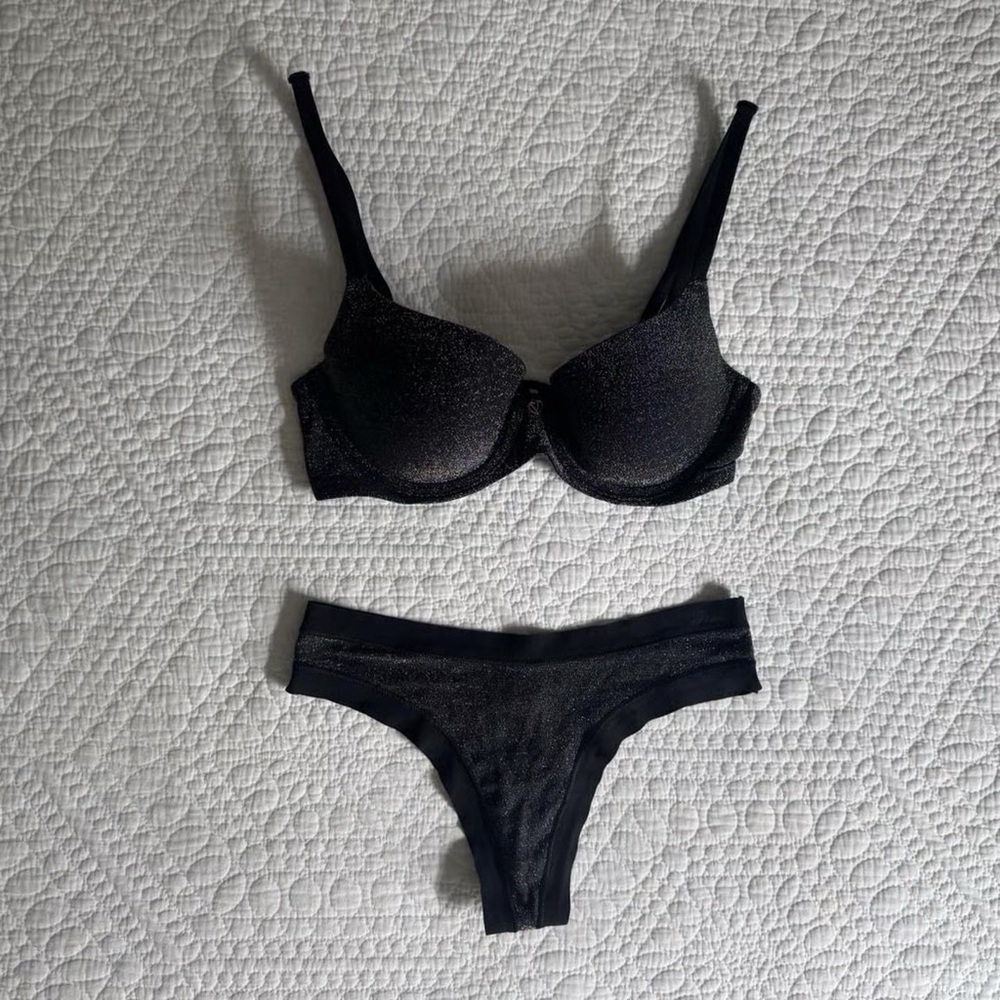 NWOT Victoria’s Secret Shimmer Black/Silver Lurex Bra & Thong Set